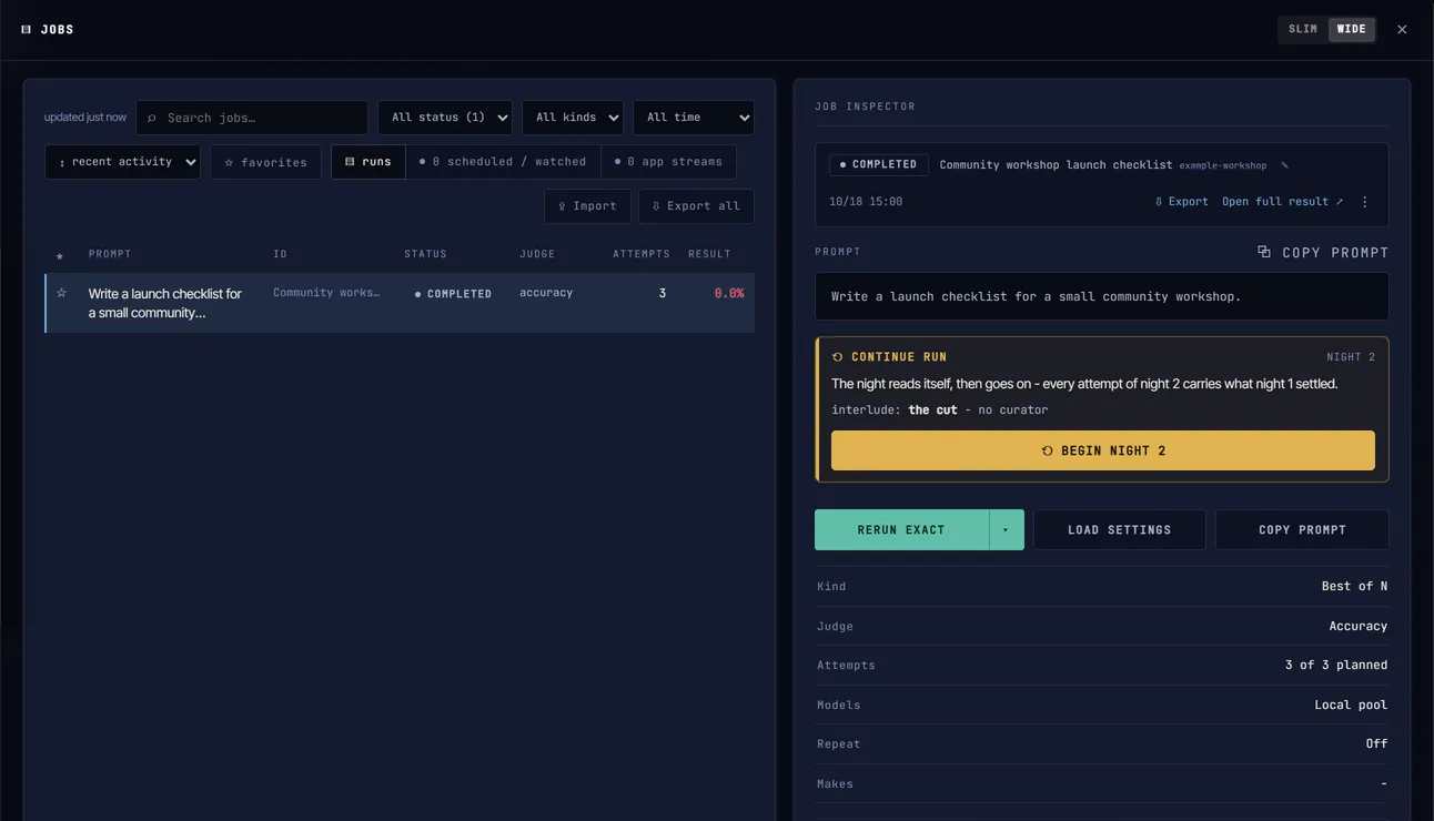 Jobs board with sample completed workshop job and filtering controls