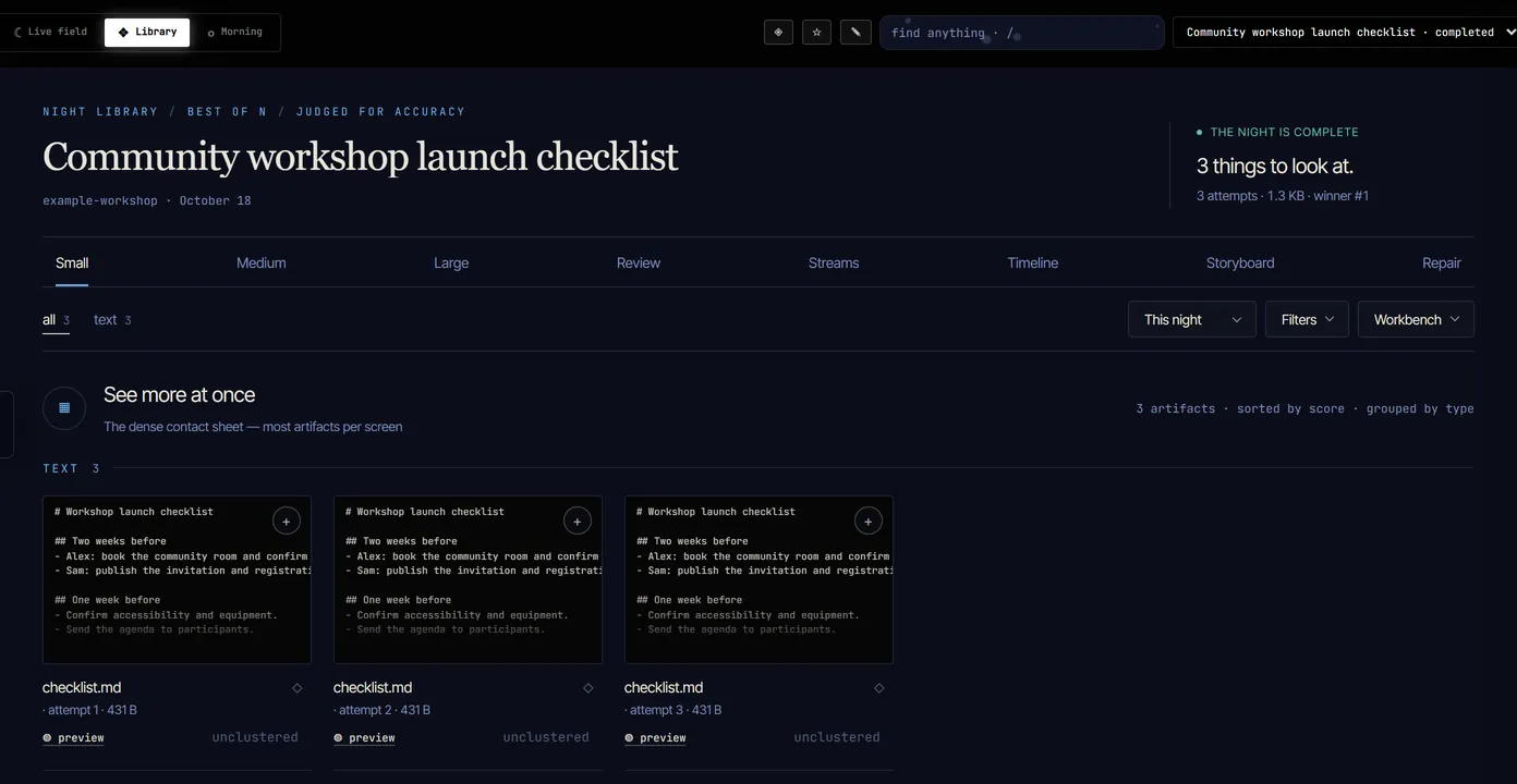 Library showing sample workshop checklist artifacts with view and filter controls
