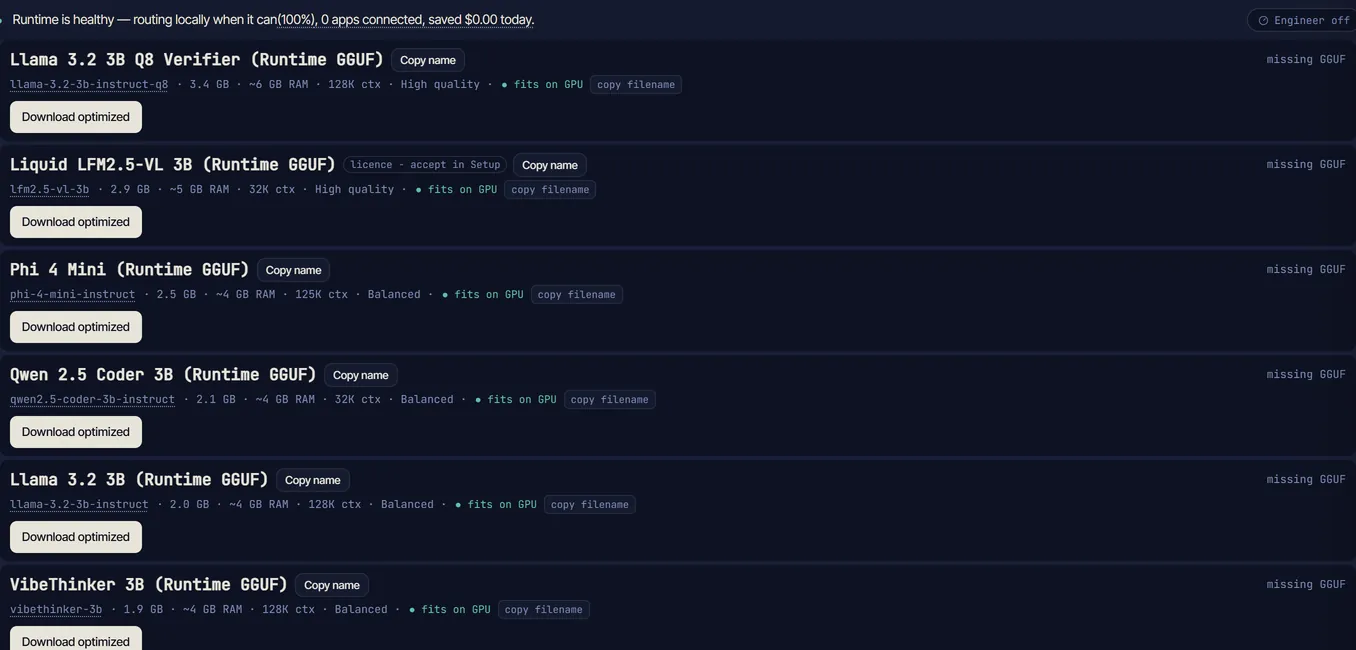 Managed local runtime model catalog with download controls