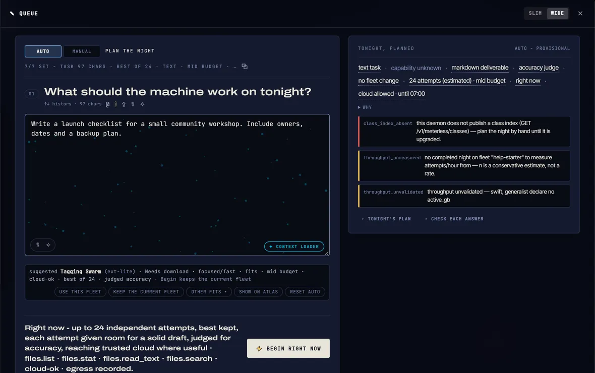 Queue composer containing a sample workshop checklist task and the Auto plan