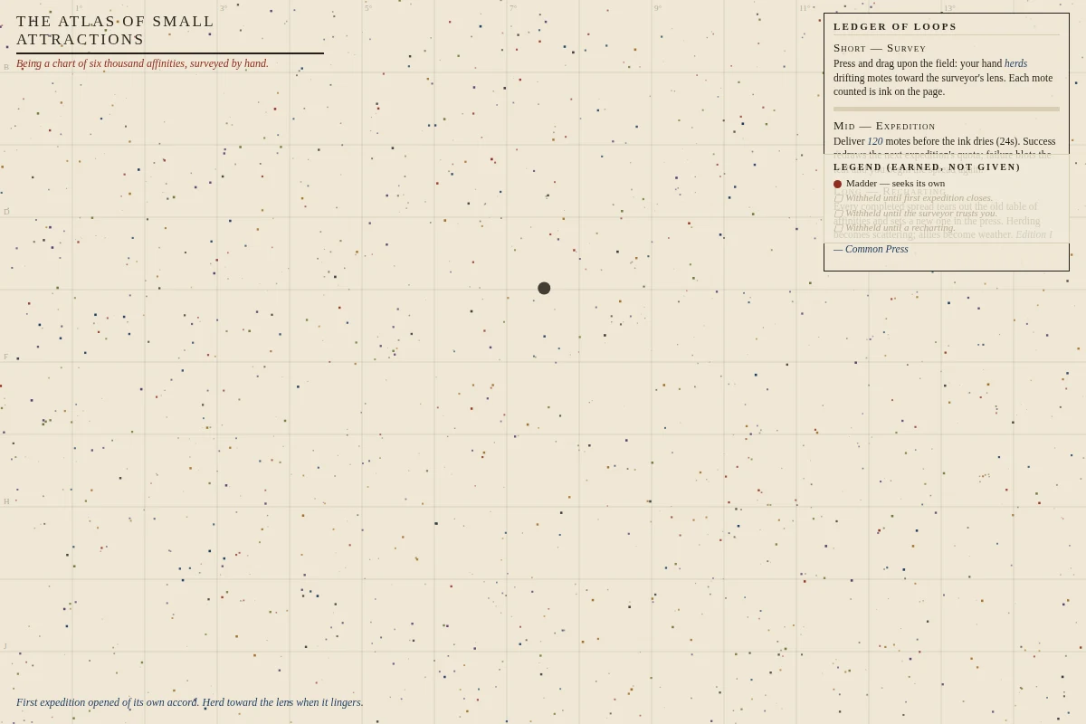 The generated Atlas game: a parchment field of colored particles and a surveyor’s lens