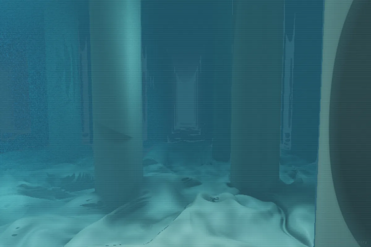 A raymarched underground cistern lit by a shaft of light