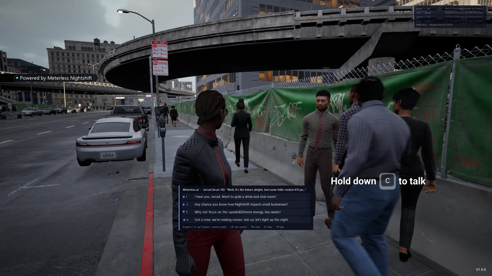Meterless City: a player beside a passer-by on a city sidewalk with four lines to say on screen