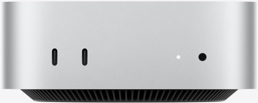 Front view of a silver Apple Silicon Mac mini