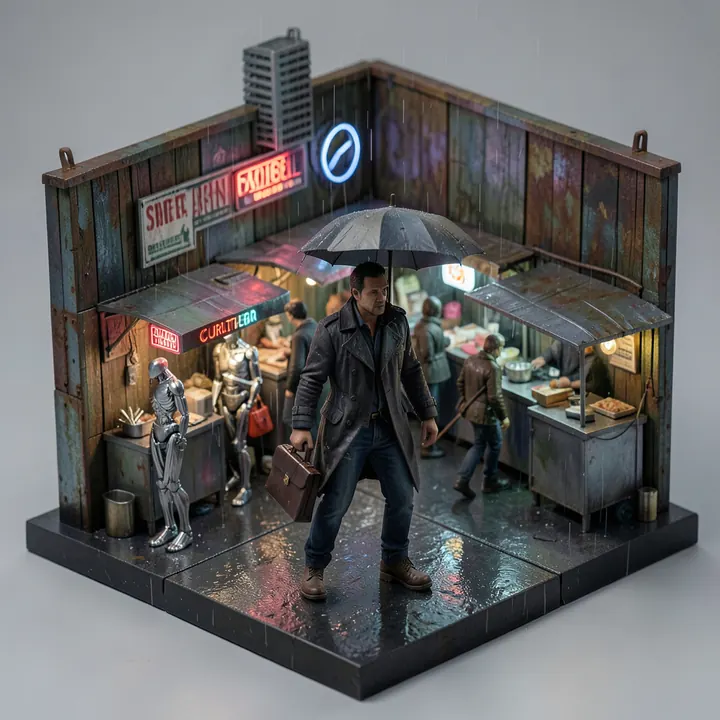 Generated image of a rainy night market built as a miniature diorama